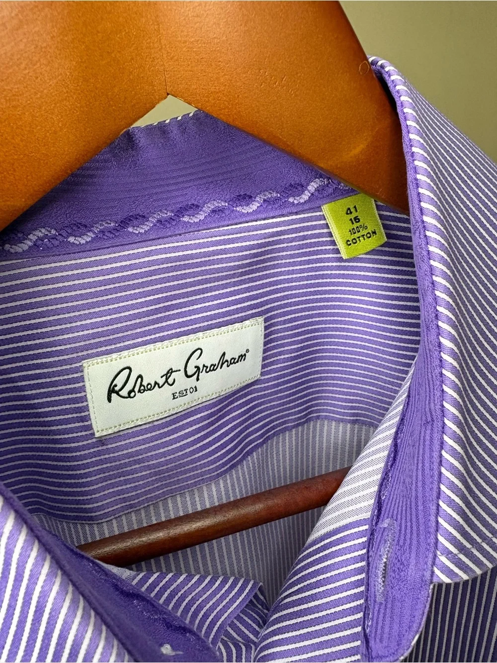 Robert Graham Purple Pinstripe Dress Shirt Men's 41 100% Cotton Embroidered